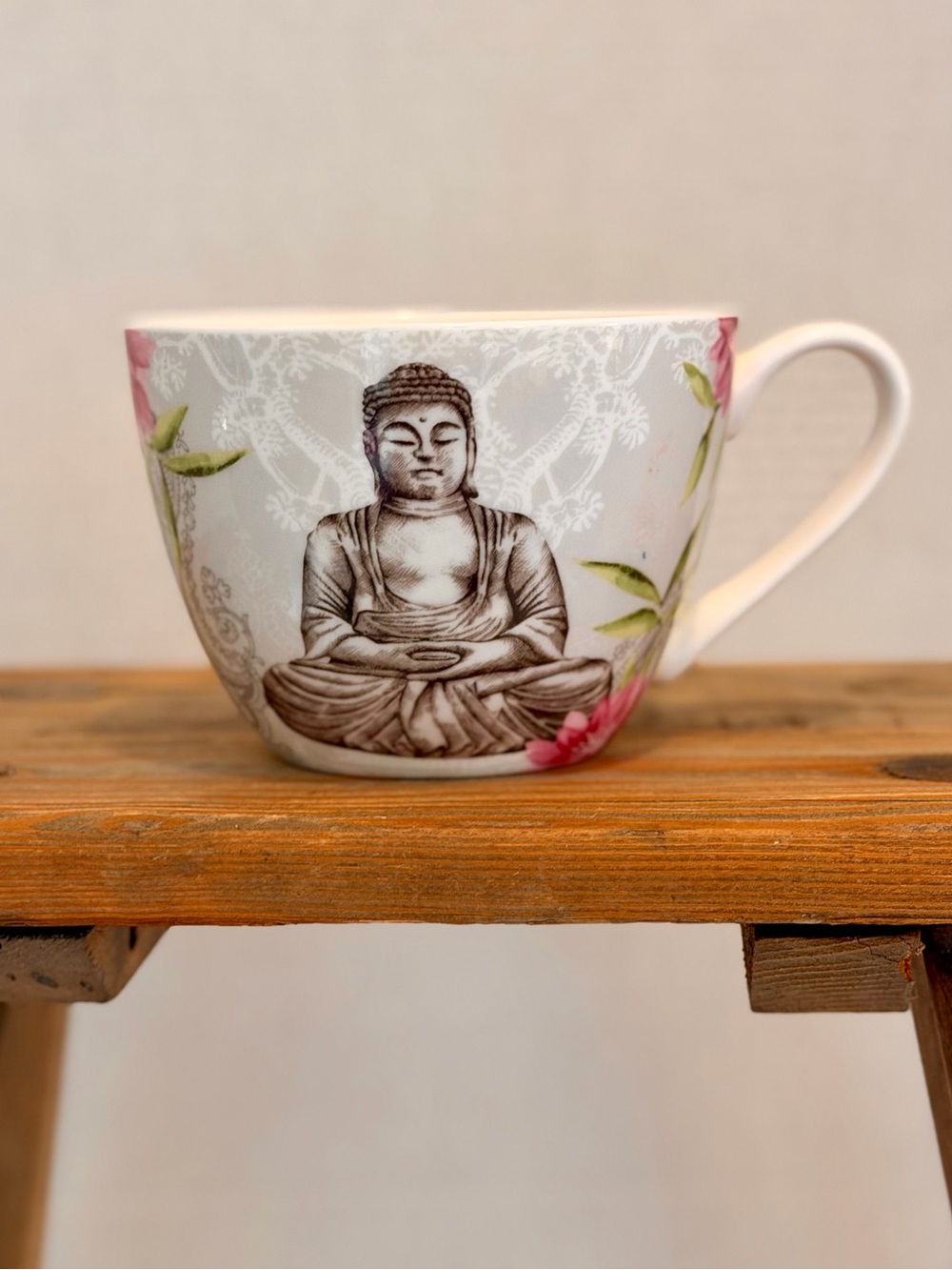Portobello By Design Buddha Porcelain Jumbo Mug in White and Pink